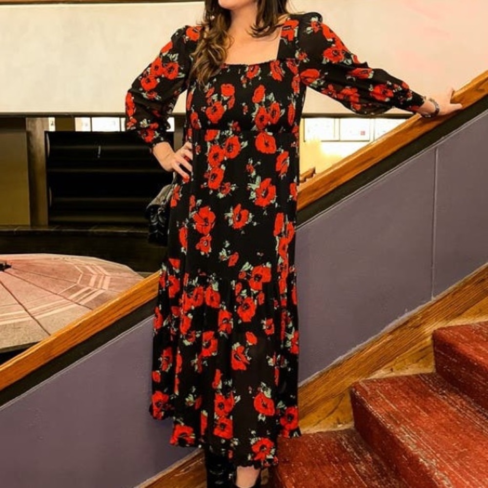 Rixo black red floral Yas long sleeve midi square neck dress size L or 10 - Picture 5 of 8